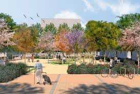 Render de la plaza con senderos y árboles en flor