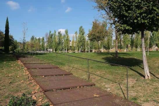 Sendero de madera en el parque con árboles y césped