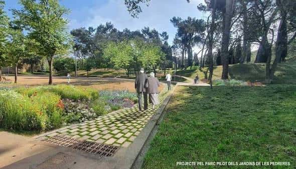 Paseo peatonal con adoquines y vegetación en los jardines