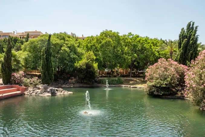 Lago con fuentes y vegetación tropical en el Parque de las Naciones