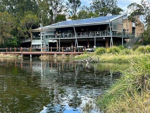 Vista exterior del Hunter Wetlands Centre con terraza y pasarela junto al agua