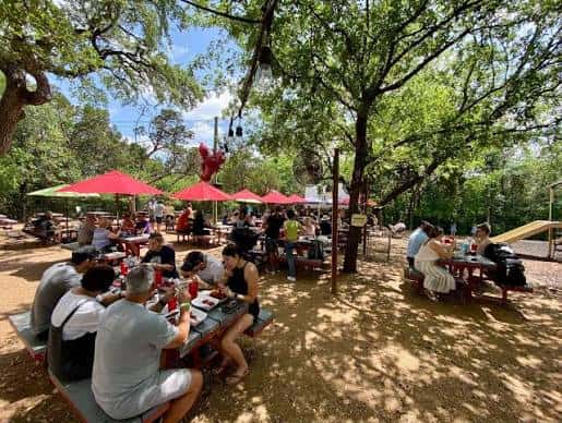 Área de patio al aire libre con mesas de picnic y sombrillas rojas bajo árboles