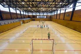Interior del pabellón deportivo con cancha de balonmano y gradas laterales