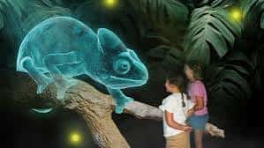 Niños observando un holograma de camaleón en un entorno de selva virtual