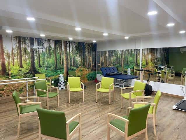 Sala de actividades con decoración de bosque y mobiliario verde
