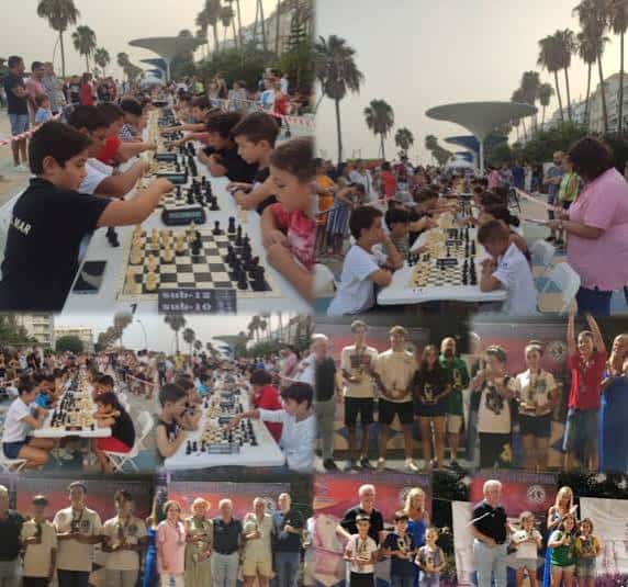 Montaje fotográfico de un torneo de ajedrez multitudinario en la plaza