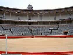Interior de la plaza de toros con gradas vacías y arena en el centro