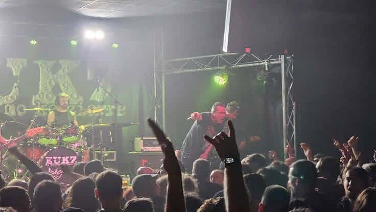 Vista del público en un concierto con manos levantadas y banda en el escenario