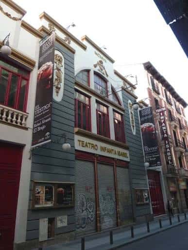 Vista exterior del Teatro Infanta Isabel con su fachada neoclásica y carteles de las obras en cartelera