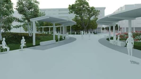 Render arquitectónico de la plaza con pérgolas y zonas verdes