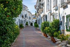 Callejón arbolado con edificios blancos y detalles arquitectónicos típicos