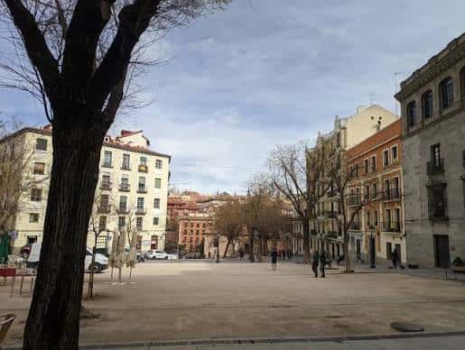 Vista panorámica de la Plaza de la Paja con edificios históricos y árboles en primer plano