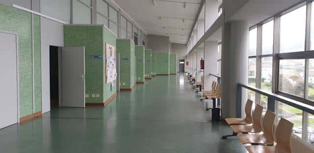 Pasillo interior de la facultad con paredes verdes y ventanas amplias