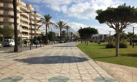 Vista panorámica del Passeig Joan Carles I con palmeras y edificios residenciales