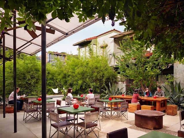 Terraza exterior con mesas y sombra natural, ideal para eventos al aire libre