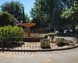 Fuente decorativa rodeada de vegetación y valla en el parque