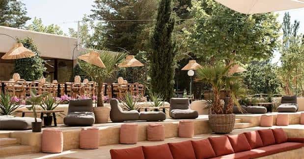 Zona de lounge al aire libre con mobiliario moderno y vegetación
