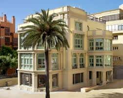 Ángulo lateral del centro cultural con palmera en primer plano y cielo despejado