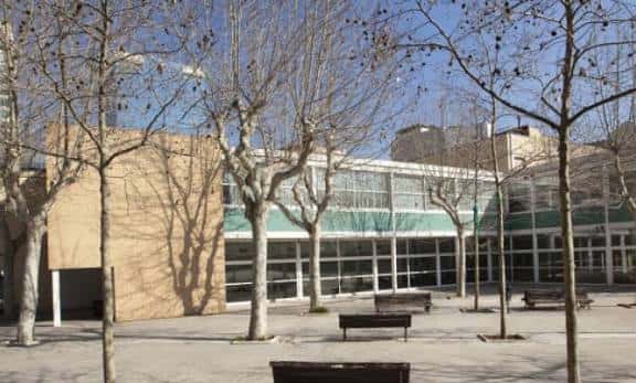 Fachada moderna con grandes ventanales y patio arbolado