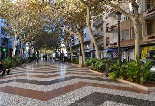 Paseo de las Germanías en Gandía con árboles frondosos y pavimento de diseño geométrico