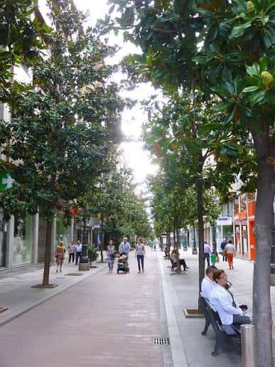 Avenida Pérez Colino con árboles frondosos y personas caminando