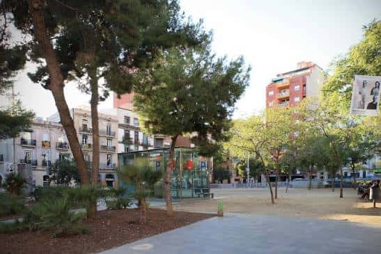 Vista panorámica de la plaza con árboles y edificios residenciales al fondo