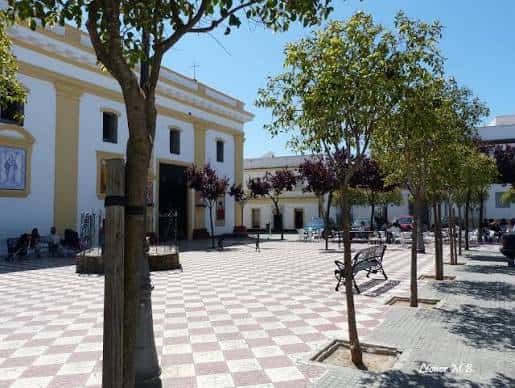 Vista general de la Plaza de la Pastora con su característico suelo a cuadros y árboles