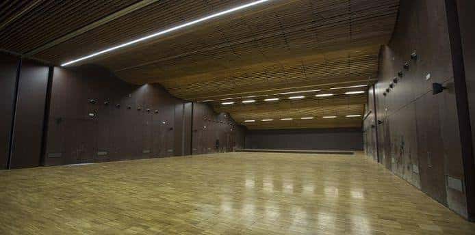 Interior del Espai Baladre con suelo de madera y techo acústico