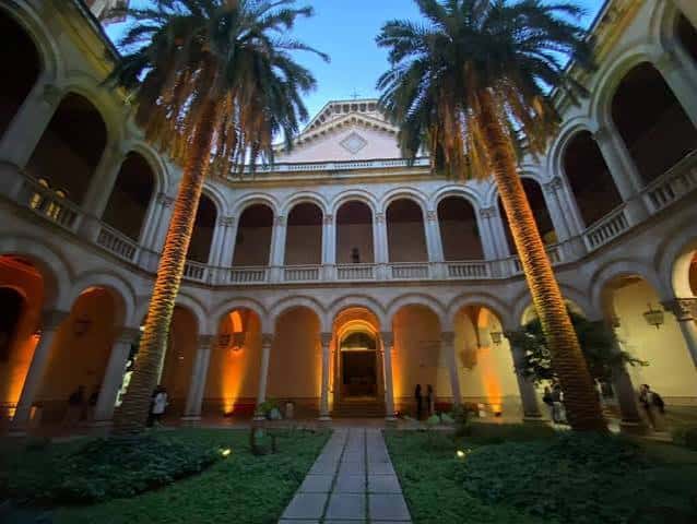 Vista del patio interior con palmeras e iluminación cálida