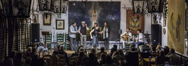 Espectáculo flamenco en vivo con artistas en el escenario y público sentado