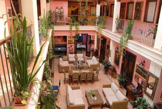 Salón central del hotel con decoración clásica y vegetación abundante
