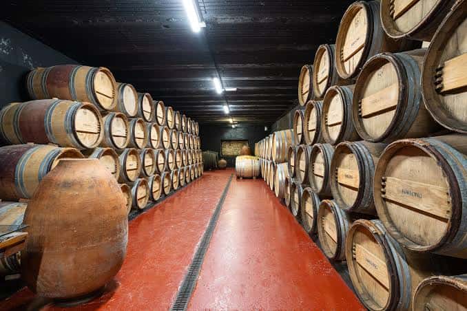 Pasillo central de la bodega con filas simétricas de barricas y suelo rojo