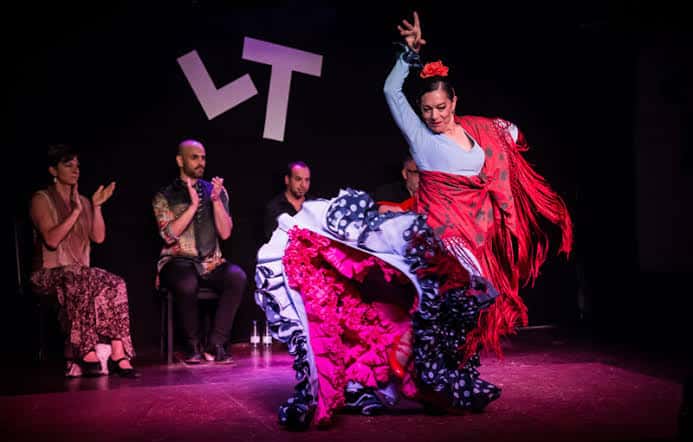 Bailaora de flamenco en el escenario con vestimenta tradicional y pañuelo rojo
