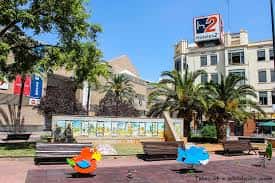 Vista de la plaza con bancos, palmeras y cartel publicitario en el edificio