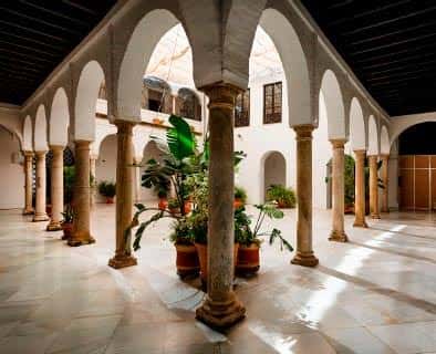 Patio interior con arcos y columnas decorado con plantas