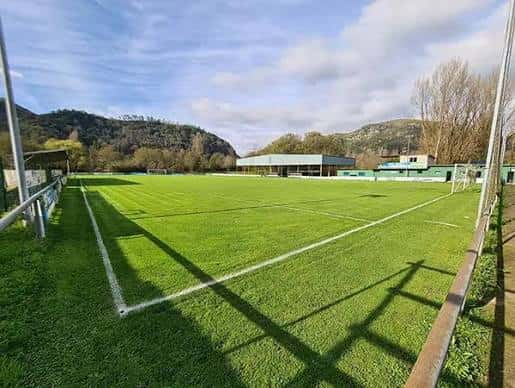 Campo de césped artificial del estadio desde la banda lateral con sombras proyectadas