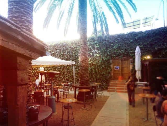 Patio interior del Corral de las Cigüeñas con palmeras y paredes cubiertas de hiedra
