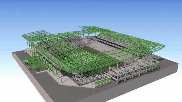 Modelo arquitectónico 3D del Q2 Stadium mostrando la estructura metálica verde y distribución interna del estadio