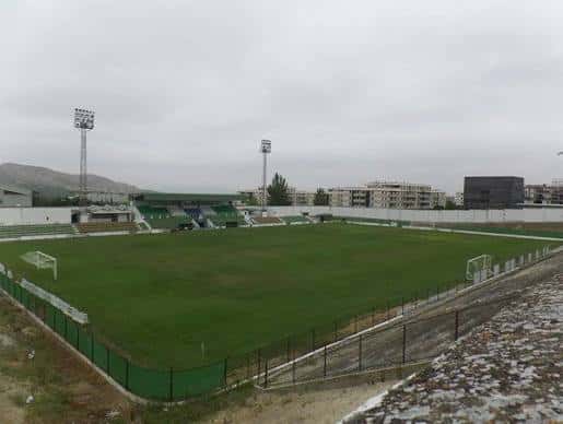 Vista general del estadio con el césped verde y las torres de iluminación