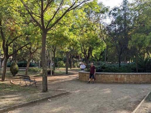 Paseo arbolado en el interior del jardín con bancos y senderos