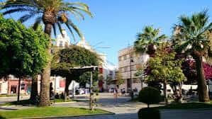 Plaza Emperador Carlos con palmeras y edificios históricos al fondo