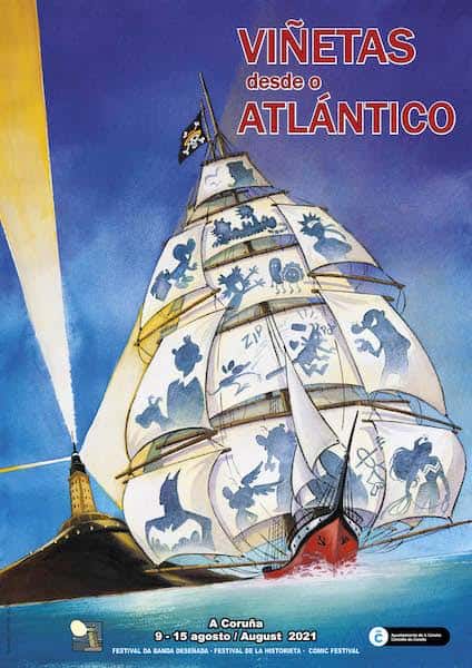 Ilustración de un barco con velas decoradas para el festival Viñetas desde o Atlántico