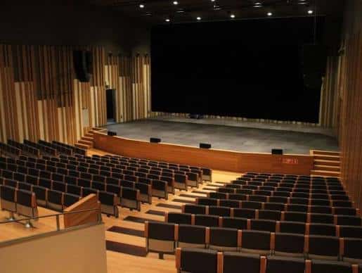 Interior del auditorio mostrando escenario amplio y butacas dispuestas en gradas