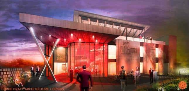 Render arquitectónico de la fachada exterior del Austin Playhouse con iluminación cálida y entrada principal
