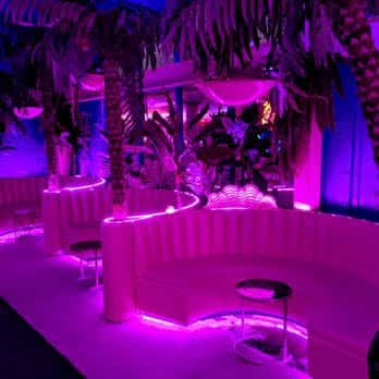 Interior del bar con sofás curvos rosa y palmeras bajo luz neón violeta