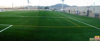 Campo principal de césped artificial con líneas blancas y amarillas bajo luz natural