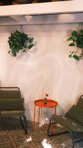 Rincón acogedor con plantas colgantes y mobiliario moderno