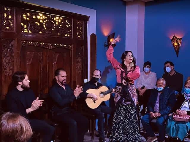 Bailaora en plena actuación con público presente