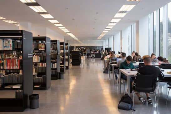 Interior de la biblioteca con estanterías y zona de lectura junto a grandes ventanales