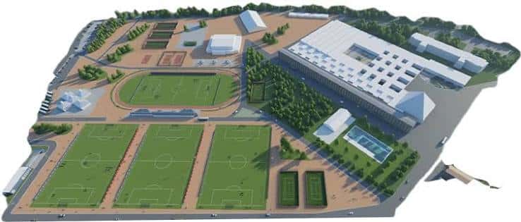 Vista aérea de la Base Aragonesa de Fútbol mostrando las instalaciones deportivas y edificios